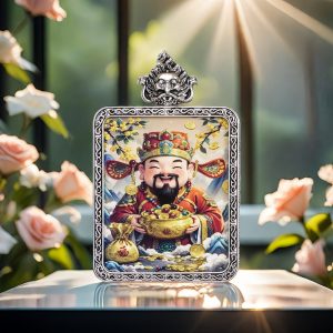 Hand-painted artwork, the God of Wealth bringing prosperity.